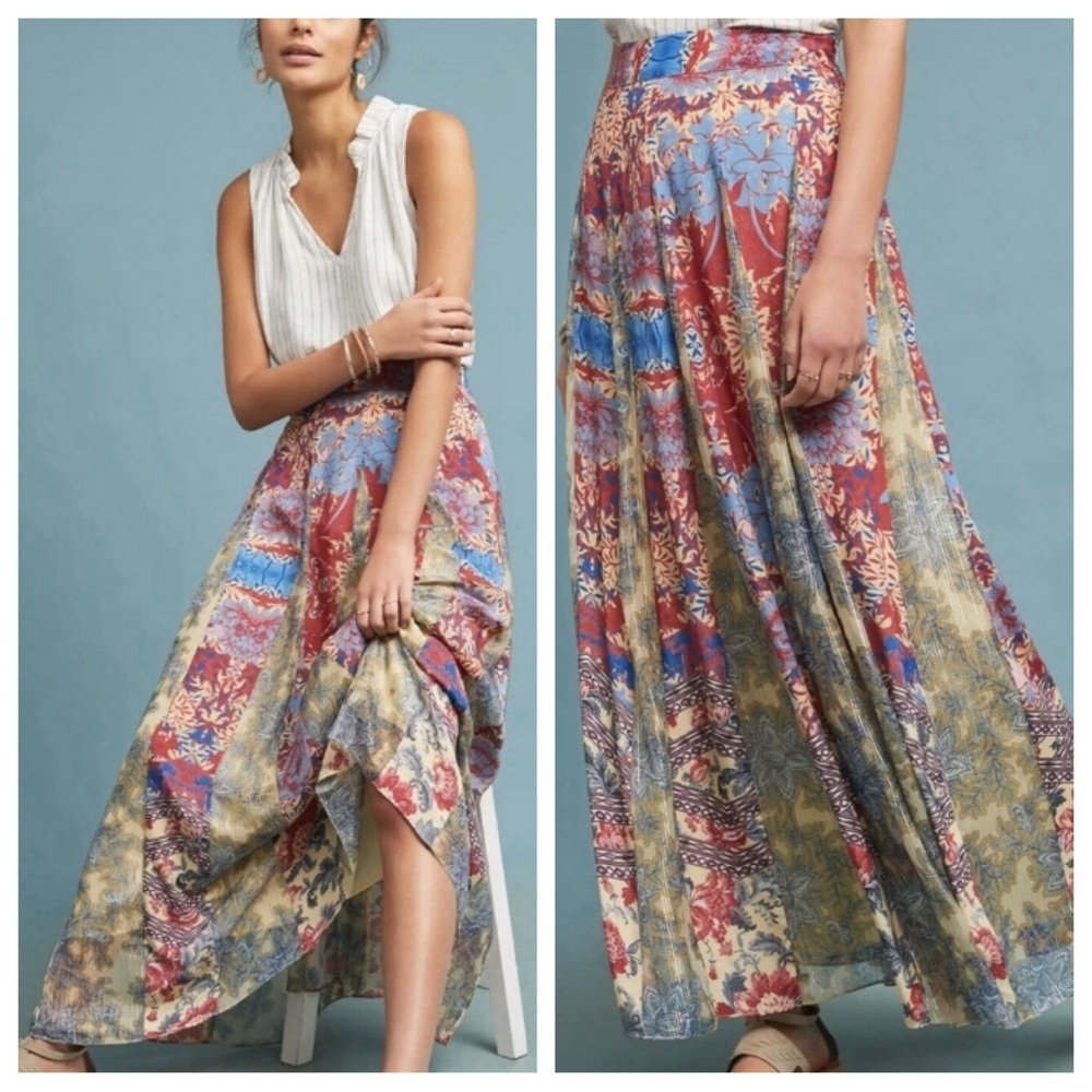NWT! Anthropologie Hemant & Nandita pleated floral full Maxi Skirt